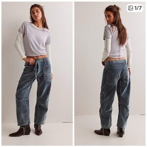 Free People Moxie Flocked Pull On Barrel Jeans size 27 Mountain Green